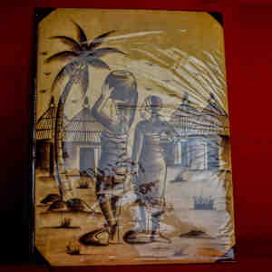 Tableau en cuir pyrogravée - Saine de village modèle 1